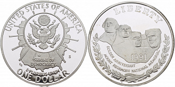 США 1 доллар 1991 S, 50 лет мемориалу президентов, гора Рашмор KM 229 серебро PROOF 1076-9-54
