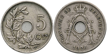БЕЛЬГИЯ 5 САНТИМОВ 1928 BELGIQUE, АЛЬБЕРТ I (1909-1934) KM 66 медно-никель 4548-1252