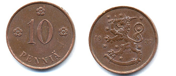 Финляндия 10 пенни 1937 республика (1918-1962) KM 24 медь 51-5545