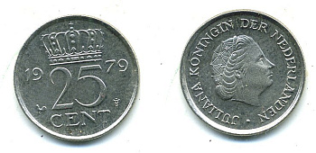 Нидерланды 25 центов 1979 Юлиана (1949-1980) KM 183 никель 76-528