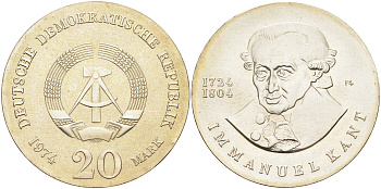 ГДР 20 марок 1974 А, 250 лет со дня смерти Иммануила Канта KM 53 серебро UNC 02-230-34