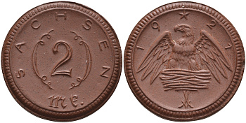 Саксония 2 марки 1921 J. N 56 фарфор 1094-1-24