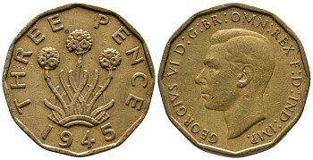 Великобритания 3 пенса 1945 Георг VI (1936-1952) KM 849, Spink 4112 никель латунь 1518-621