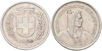 Швейцария 5 франков 1968 В, первый год KM 40а.1 медно-никель 4162-516