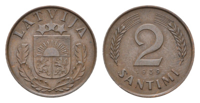 Латвия 2 сантима 1939 KM 11.2 бронза 4679-263