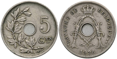БЕЛЬГИЯ 5 САНТИМОВ 1928 BELGIQUE, АЛЬБЕРТ I (1909-1934) KM 66 медно-никель 4548-1252