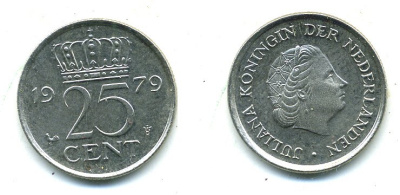 Нидерланды 25 центов 1979 Юлиана (1949-1980) KM 183 никель 76-528