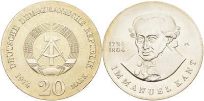 ГДР 20 марок 1974 А, 250 лет со дня смерти Иммануила Канта KM 53 серебро UNC 02-230-34