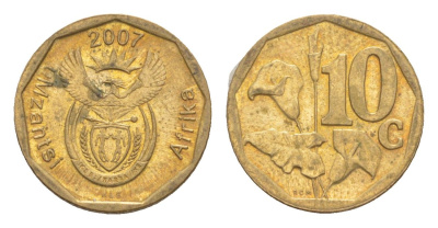 ЮАР 10 центов 2007 герб, цветок алоэ KM 341 сталь плакированная бронзой UNC 4621-1165