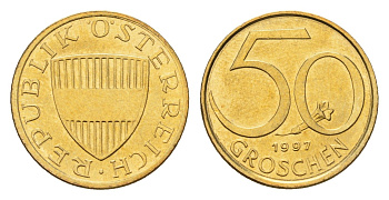 Австрия 50 грошей 1997 KM 2885 алюминиевая бронза UNC 4685-724