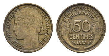 Франция 50 сантимов 1932 KM 894.1, Le Franc 192.15 алюминиевая бронза 4651-954