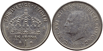 Швеция 1 крона 2002 Карл XVI Густав (1973- ) KM 894 медно-никель 4364-1051