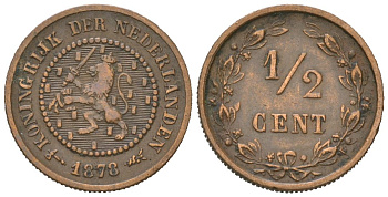 Нидерланды 1/2 цента 1878 Виллем III (1849-1890) KM 109 бронза 4174-338