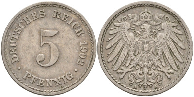 Германия 5 пфеннигов 1902 A KM 11, J. 12 медно-никель 4151-433