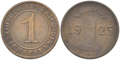 ГЕРМАНИЯ 1 РЕЙХСПФЕННИГ 1925 A KM 37, J. 313, Weege 2 бронза 206-819