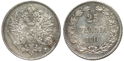 Россия для Финляндии 25 пенни 1916 S, Николай II (1894-1917) KM 6.2, Биткин 421 серебро 75-1334