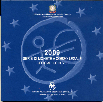 Италия евронабор из 9 монет 2009 10 лет Валютному союзу, запайка в пластик, оригинальный картонный буклет BUNC 5-4-4-26