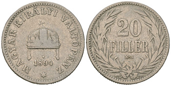 Венгрия 20 филлеров 1894 KB, Франц Иосиф I (1848-1916) KM 483 никель 4615-455