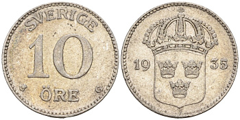 Швеция 10 эре 1935 G, Густав V (1907-1950) KM 780 серебро 4147-839