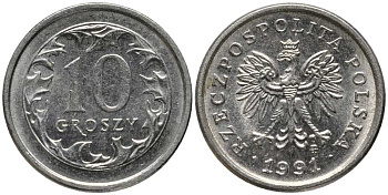 ПОЛЬША 10 ГРОШЕЙ 1991 MW KM 279 медно-никель 201-437
