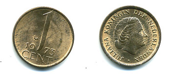 НИДЕРЛАНДЫ 1 ЦЕНТ 1973 ЮЛИАНА KM 180 бронза 76-314