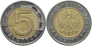 Польша 5 злотых 2009 MW KM 284 биметалл 93-457
