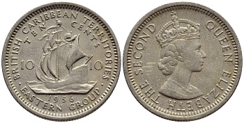 Британские Восточно-Карибские территории 10 центов 1956 Елизавета II (1952-2022), парусник KM 5 медно-никель 4387-437