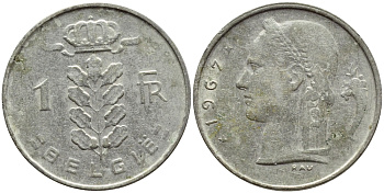 БЕЛЬГИЯ 1 ФРАНК 1967 BELGIE KM 143.1 медно-никель 4395-447