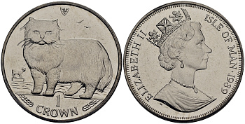 Остров Мэн 1 крона 1989 персидская кошка КМ 250 медно-никель UNC M92-02