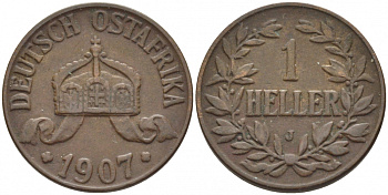 Немецкая Восточная Африка (Танзания) 1 геллер 1907 J, Ost-Africa Jaeger 716, KM 7 бронза 4448-411