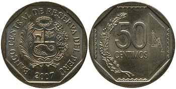 Перу 50 сентимо 2007 LIMA KM 307.4, Schon 106 медь цинк никель UNC 4543-441