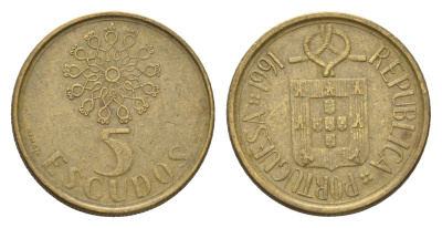 Португалия 5 эскудо 1991 KM 632 никель латунь 188-956