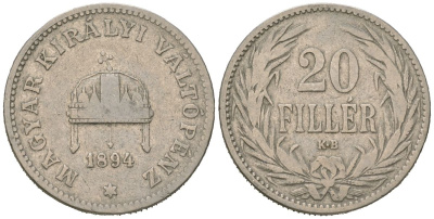 Венгрия 20 филлеров 1894 KB, Франц Иосиф I (1848-1916) KM 483 никель 4615-455