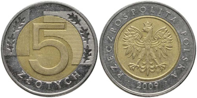 Польша 5 злотых 2009 MW KM 284 биметалл 93-457