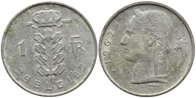 БЕЛЬГИЯ 1 ФРАНК 1967 BELGIE KM 143.1 медно-никель 4395-447