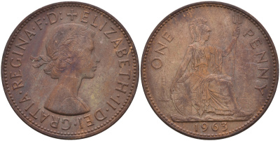 Великобритания 1 пенни 1963 Елизавета II (1952-2022) KM 897, Spink 4157 бронза 4593-241