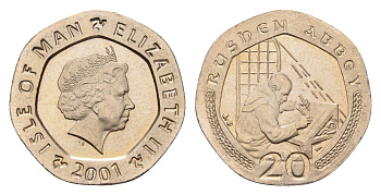 Остров Мэн 20 пенсов 2001 KM 1040 медно-никель UNC 3459-1223