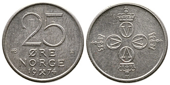 НОРВЕГИЯ 25 ЭРЕ 1974 U KM 417 медно-никель 177-1258