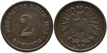 ГЕРМАНИЯ 2 ПФЕННИГА 1875 E, СТАРОГЕРБОВКА KM 2, J.2 медь 179-1062
