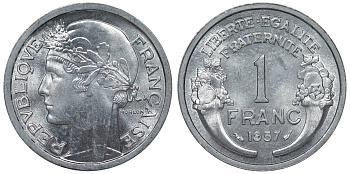 Франция 1 франк 1957 тип Morlon KM 885а.1, Le Franc 221.19 алюминий 4128-335