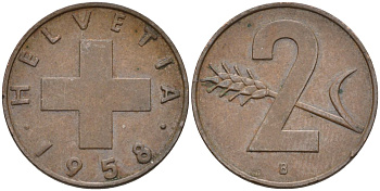 Швейцария 2 раппена 1958 В KM 47 бронза 4591-1217