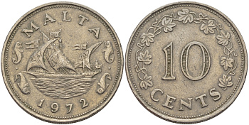 Мальта 10 центов 1972 баржа Великого магистра KM 11 медно-никель 82-512