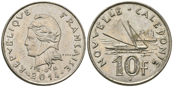 Французская Новая Каледония 10 франков 2014 рыбачья парусная лодка, (IEOM) KM 11a, Schoen 13a, Lec 99k медно-никель 67-1141
