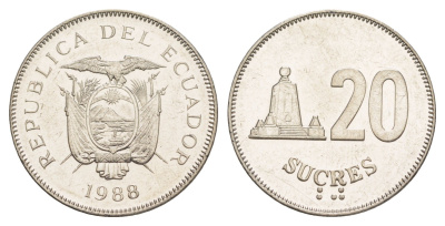Эквадор 20 сукре 1988 KM 94.1 сталь плакированная никелем UNC 4641-721