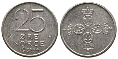 НОРВЕГИЯ 25 ЭРЕ 1974 U KM 417 медно-никель 177-1258