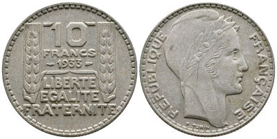 Франция 10 франков 1933 Пьер Тюрен KM 878, Le Franc 360.6 серебро 63-721