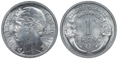 Франция 1 франк 1957 тип Morlon KM 885а.1, Le Franc 221.19 алюминий 4128-335