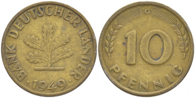 ФРГ 10 ПФЕННИГОВ 1949 G KM 103, J.378 сталь плакированная латунью 4539-1047