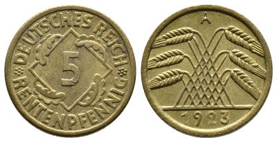 ГЕРМАНИЯ 5 РЕНТЕНПФЕННИГОВ 1923 A, KM 32, J. 308 алюминиевая бронза 4380-1018