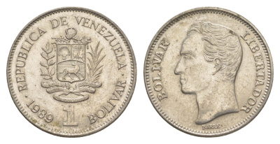 Венесуэла 1 боливар 1989 Симон Боливар, толстый шрифт Y 52a.2 сталь плакированная никелем 4586-1252